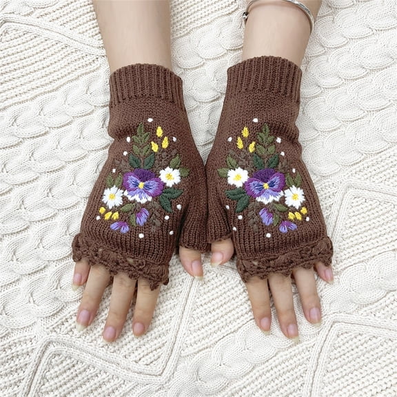 FNGZ 1 Glove, Brown Gloves Mittens, Women's Hand Embroidered Knitted Flower Fingerless Gloves One Size