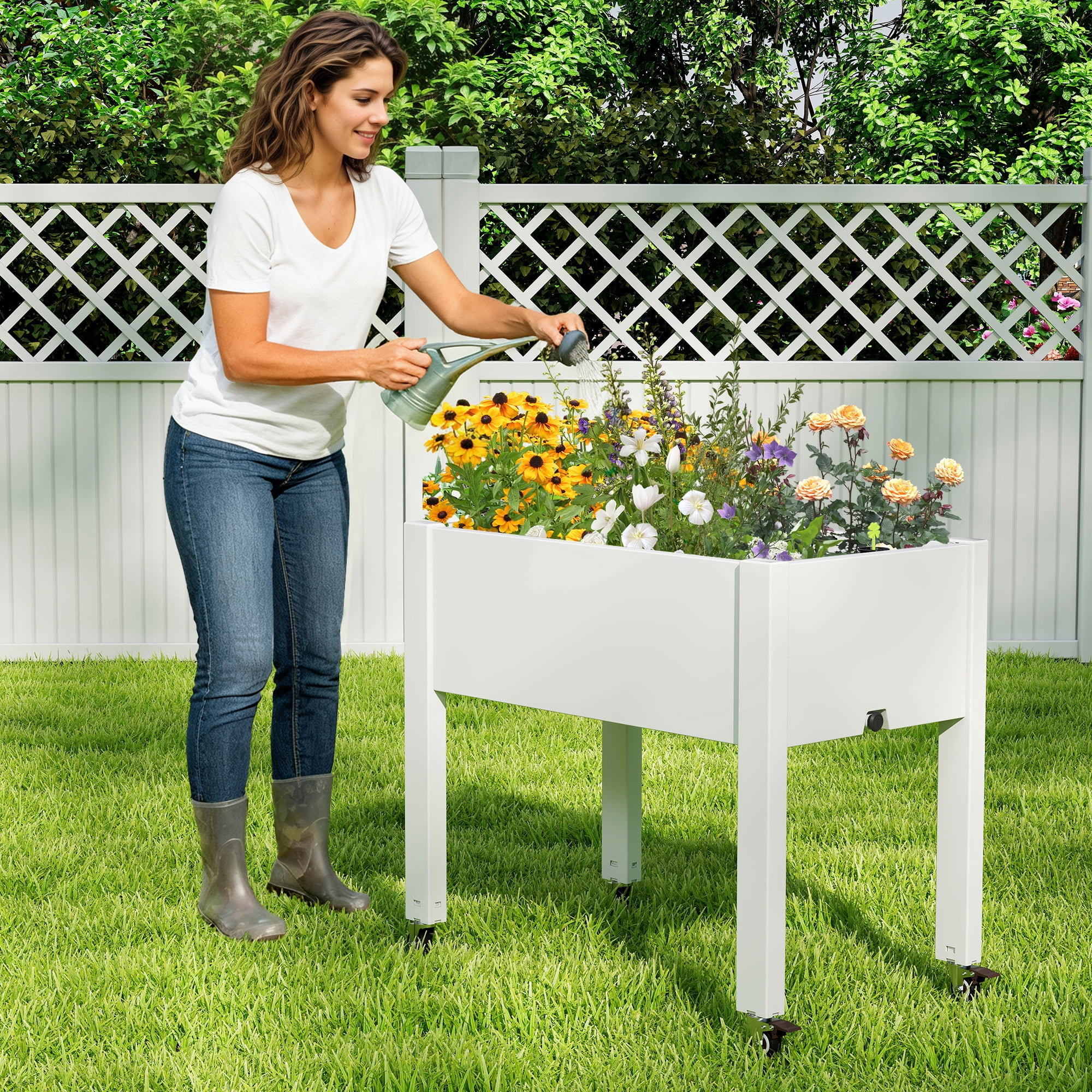 Nihsuao 30in Large Raised Garden Bed with Wheels, Outdoor Elevated Planter with Weatherproof Resin, Effective Drainage for Backyard, Patio and Balcony, White