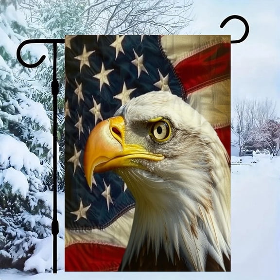 RKSupls Patriotic Linen Double Sided Garden Flag, Independence Day Themed Yard Decor, Realistic Eagle Head with American Flag Outdoor Banner for Holiday Lawn
