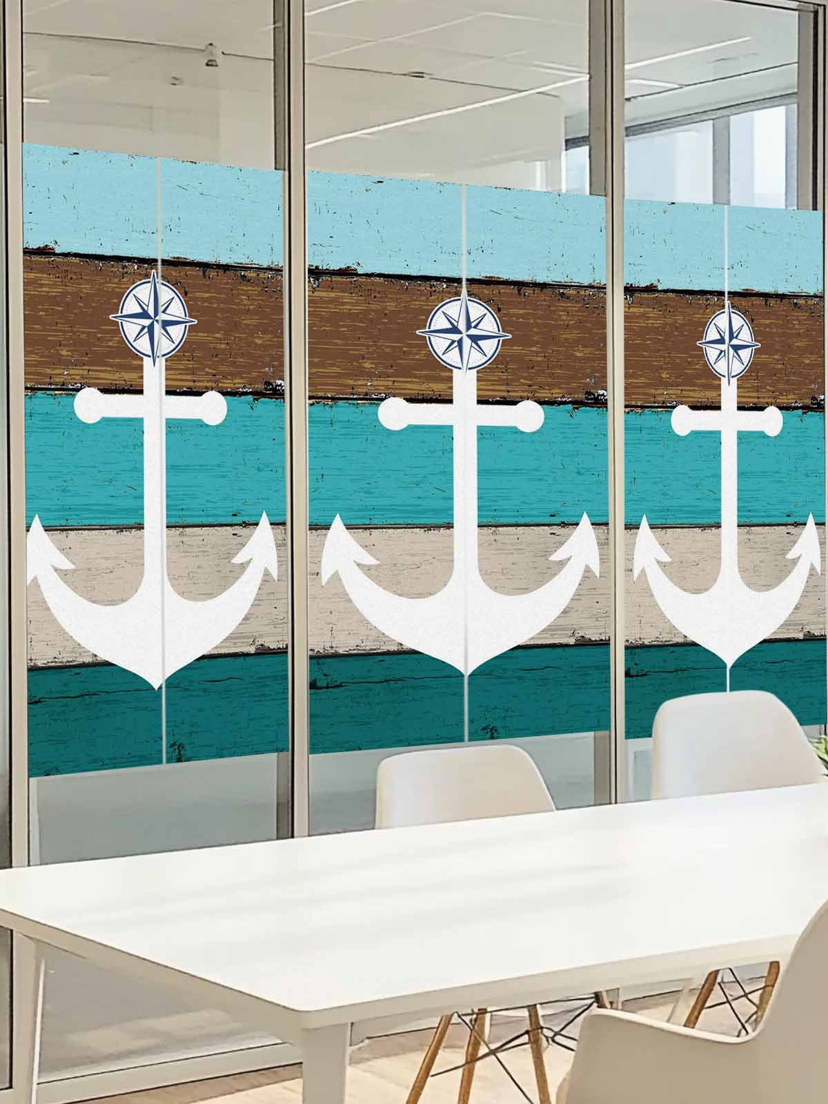 White Anchor Window Privacy Film, Costal Green Brown Stripes Wood Grain Bottom Frosted Glass Window Clings Static Cling UV Heat Blocking Reusable Door Sticker for Bathroom 23.6 x 59 Inch