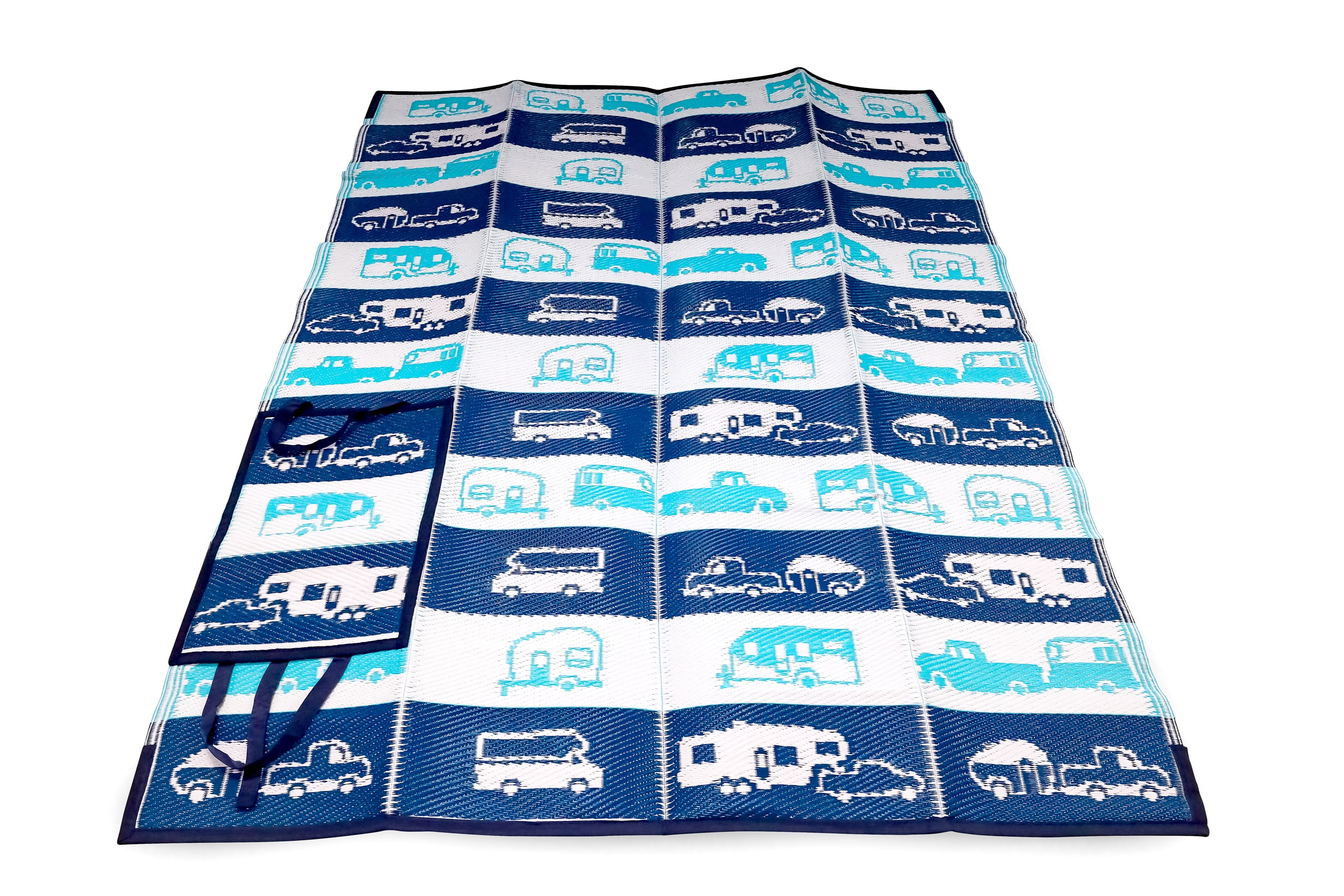 Camco Life is Better at The Campsite Handy Mat with Strap | 60"x 78" | Blue Reversible RV Pattern (53266)