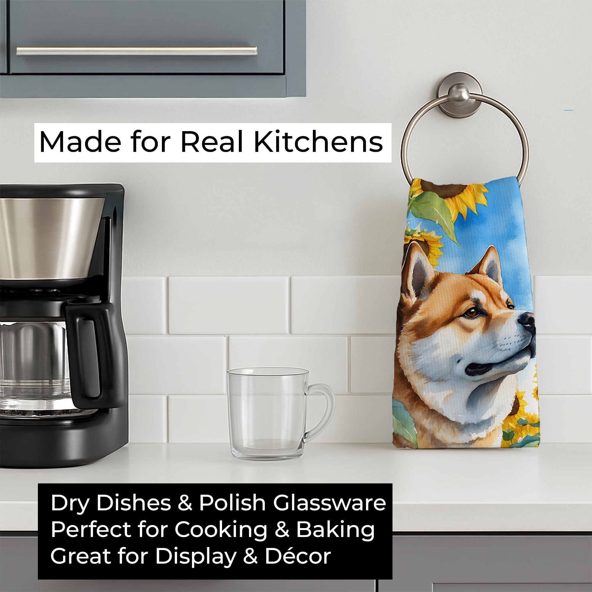 Akita in Sunflowers Kitchen Towel 15 in x 25 in