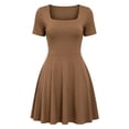 thumbnail image 6 of Women Solid Square Neck Short Sleeve Bodycon Flared Mini Dress, High Stretch Slim Fit A-Line Skater Dress, Casual Club Party Going Out Cute Dresses Khaki L(L), 6 of 6