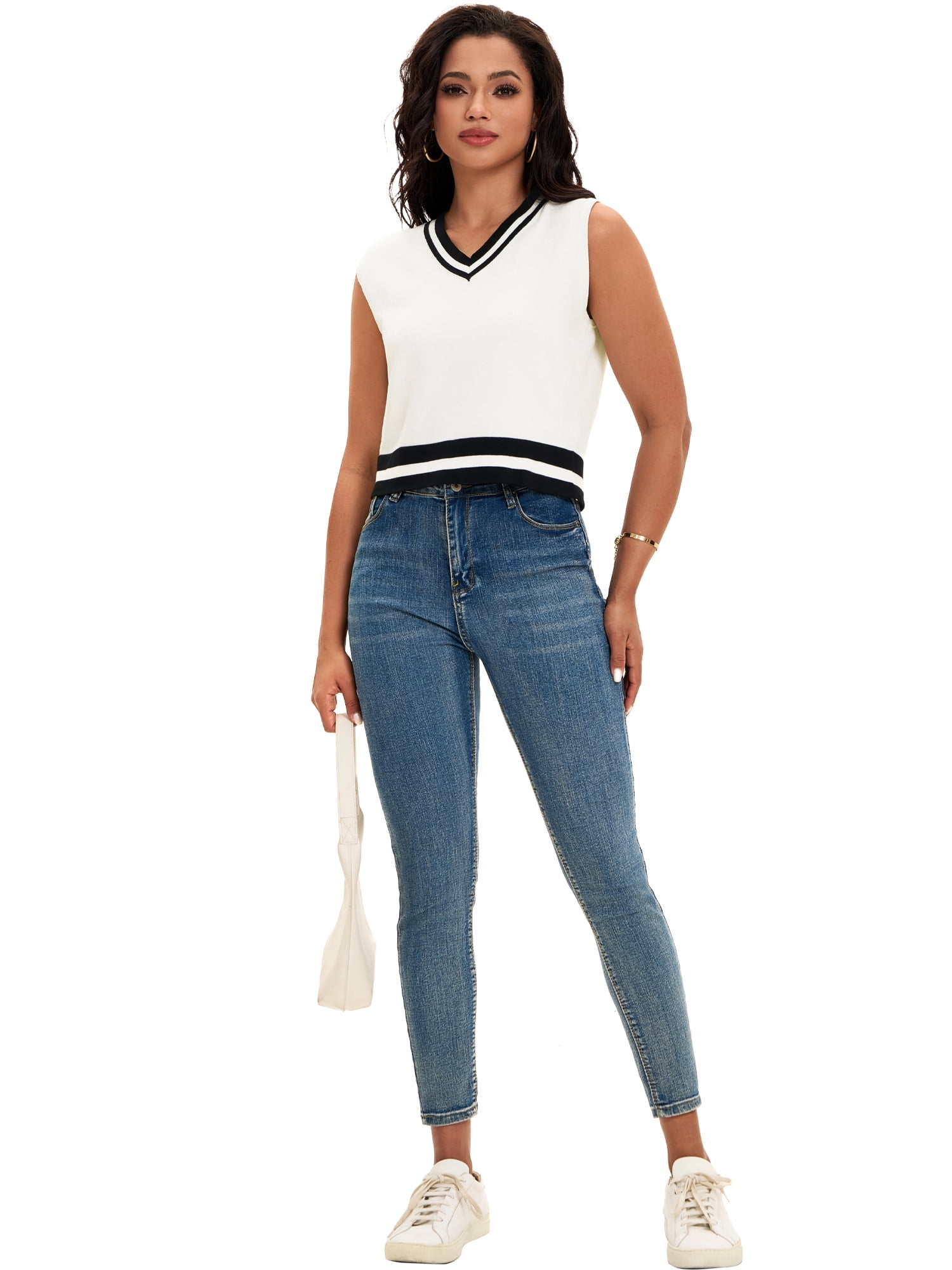 DARING DIVA Women's Cropped Sweater Vest Summer Tank Tops L White Black