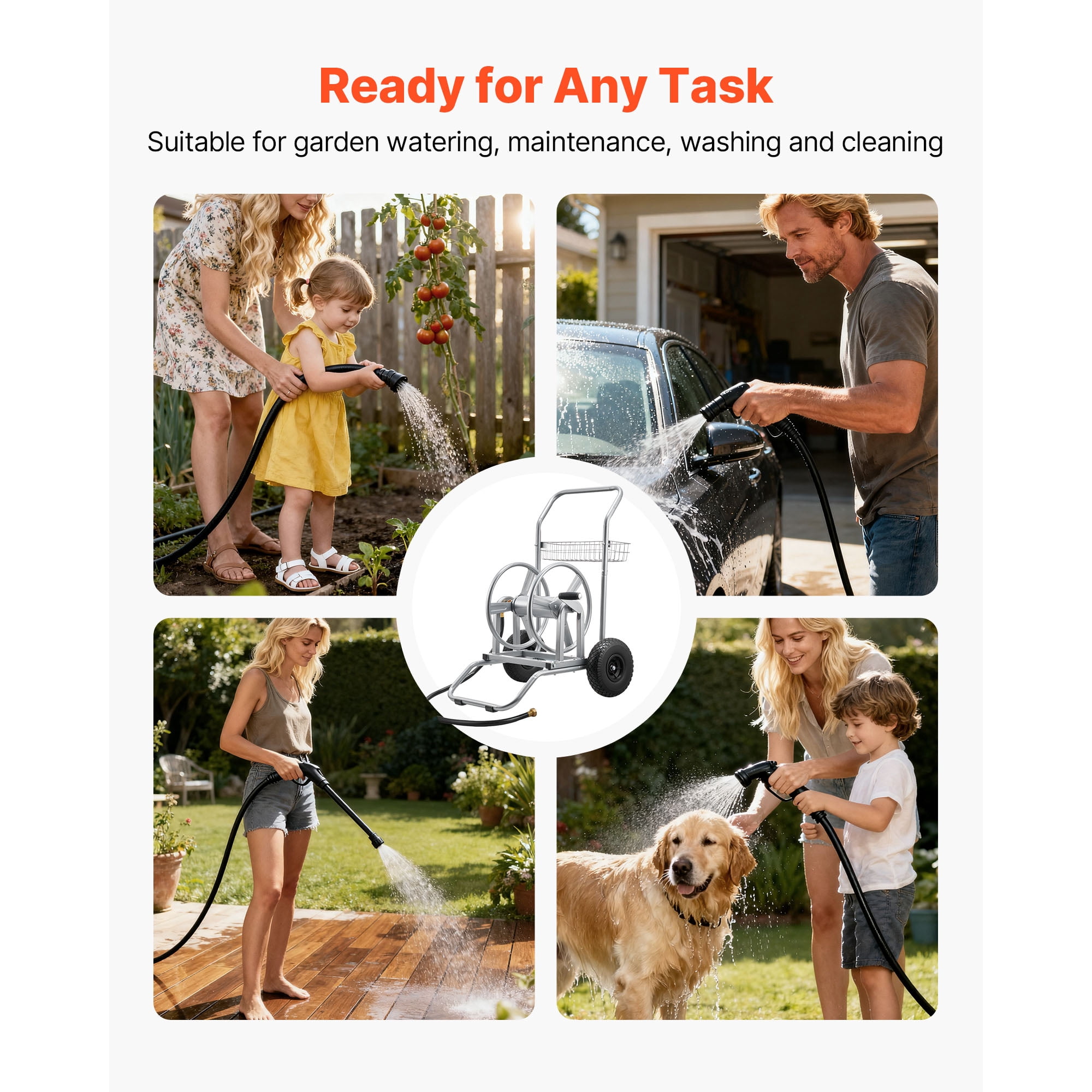 KFFKFF Portable Water Hose Reel Cart, 200/300ft High-Pressure Garden Hose Storage with Two Wheels, Handle & Durable Mesh Basket, Versatile Hose Organizer for Gardening, Vehicle Cleaning, and Pet Care
