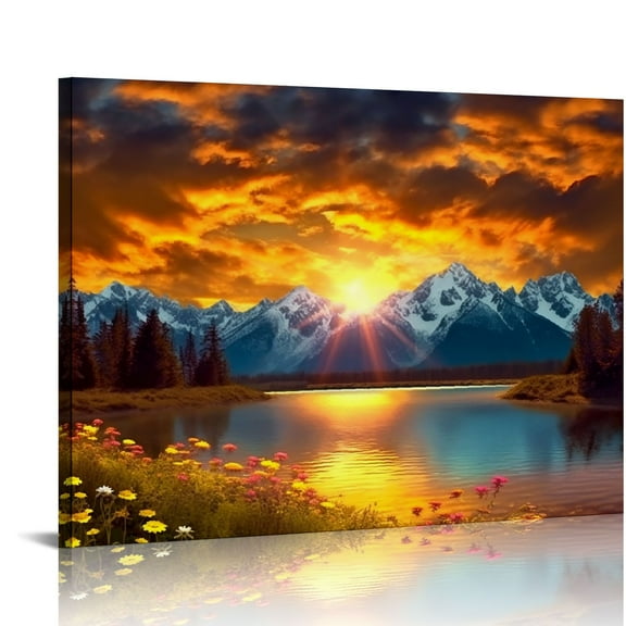 ONETECH Nature Mountain Wall Art for Living Room, National Park Sunflower Landscape Canvas Picture Wall Sunset Grand Teton Lake Prints Painting Framed Artwork for Kitchen Bedroom 20x16in