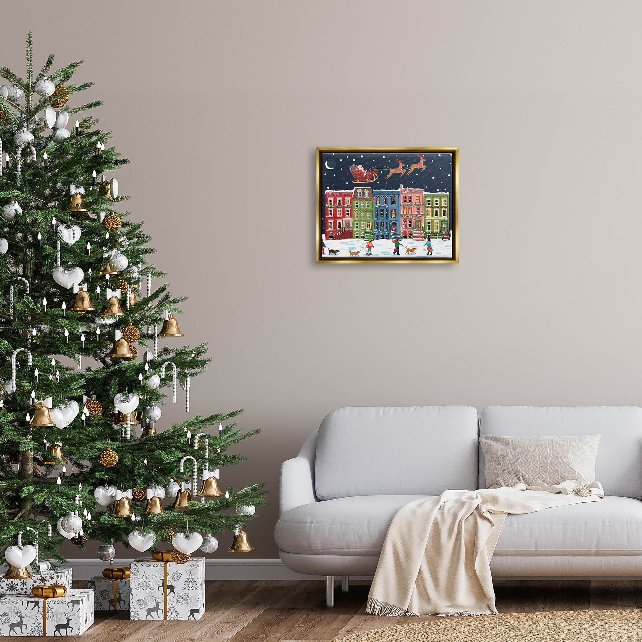 Snowy Christmas Town Santa Overhead Holiday Graphic Art Metallic Gold Framed Art Print Wall Art