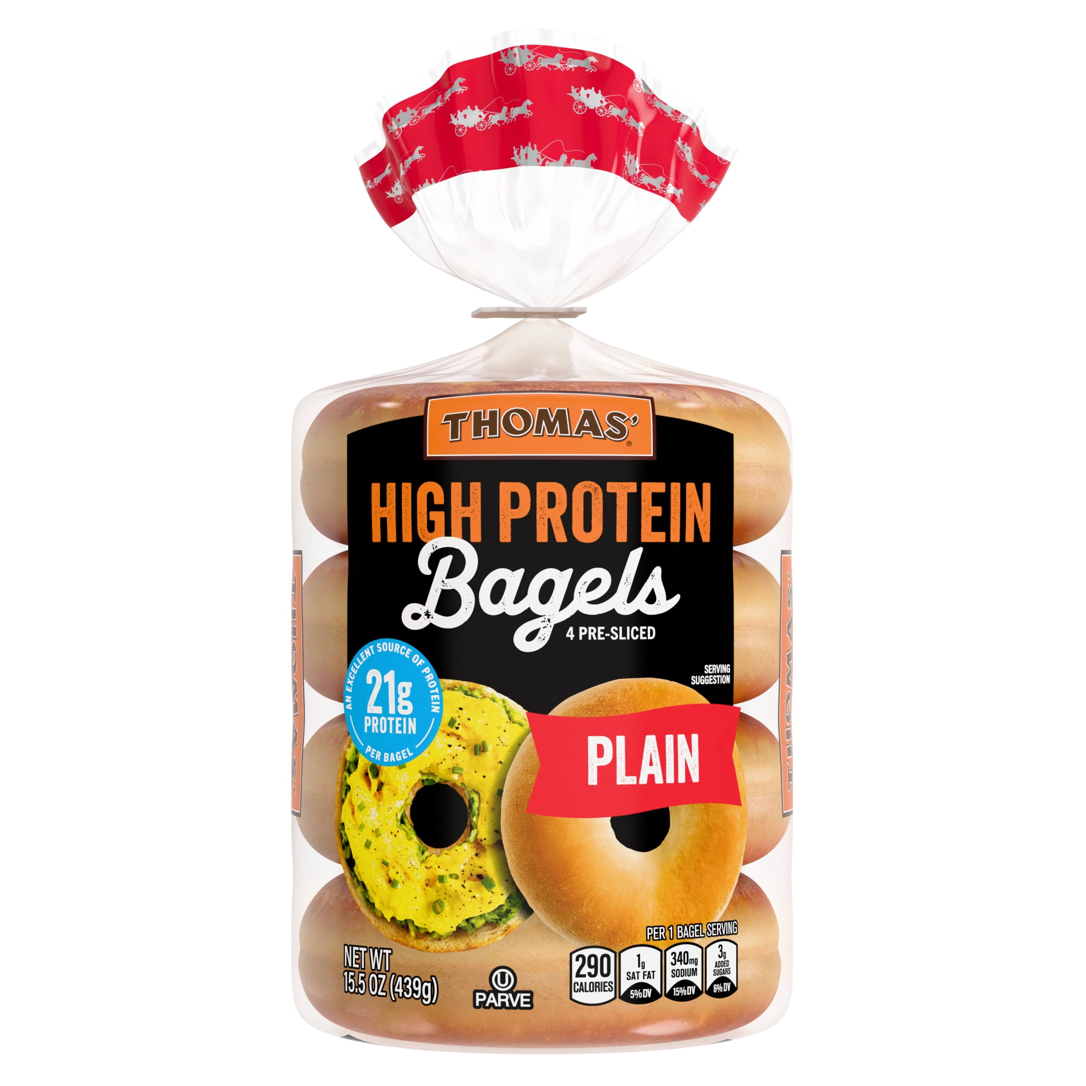 Thomas' High Protein Plain Bagels, 4 count, 21g Protein, Kosher Bagels, 15.5 oz Bag