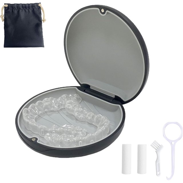 Retainer Case,Cute Slim Aligner Case Compatible with Invisalign,Retainer Holder with Aligner Remover Tool, Chew & Brush,Rope Bag (Black Shell Gray Inside)
