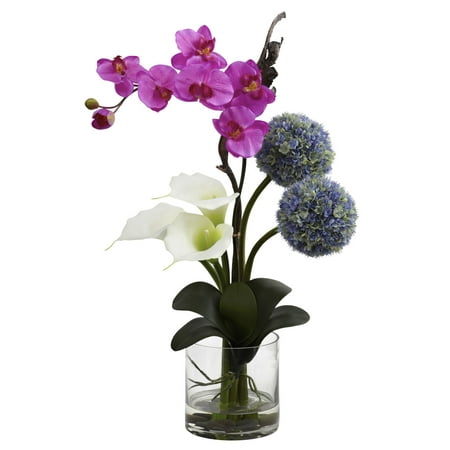 Nearly Natural Calla  Orchid & Ball Flower Arrangement Nearly Natural Calla  Orchid & Ball Flower Arrangement Here s an arrangement that permeates the class and beauty that can only be found in the natural world. It s a mix of Calla  Orchid & Ball flower  all arranged in a vase with liquid illusion faux water. Just look at the varying shapes  colors  and textures  and you ll see why this is easily one of the more interesting decorations you can buy. Perfect for home or office  it makes a great gift as well. Product Dimentions: 11 Lx15 Wx26 H Vase: H: 5.75    W: 5.75    D: 5.75  . Category: Silk Arrangement. Brand: Nearly Natural Model Number: 1368-1334Shipping Details