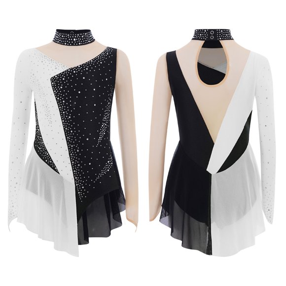 YiZYiF Figure Ice Skating Dress for Girls Lyrical Dance Dress High-low with Tutu Skirt Modern White 16