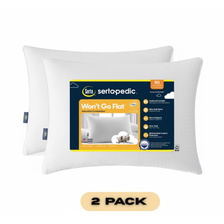 Sertapedic Won’t Go Flat Standard/Queen Bed Pillow, 2-Pack, Hypoallergenic Firm Support for Back & Side Sleepers