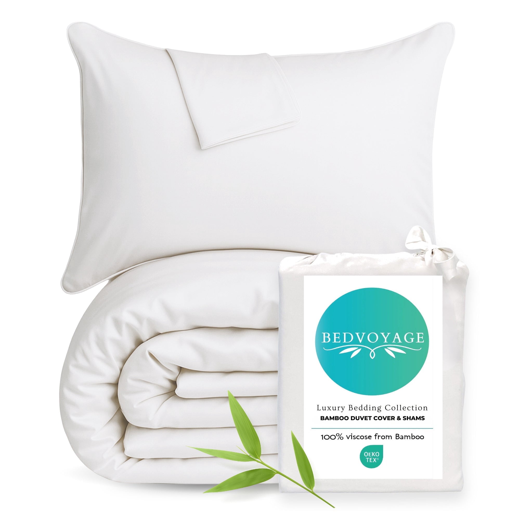 BedVoyage Queen Size Duvet Cover Set, Luxury 100% Viscose Derived from Bamboo, with 2 Standard Shams, Button Closure/Corner Ties, Silky-Soft, Lightweight & Cooling, 92x96, Full/Queen – White