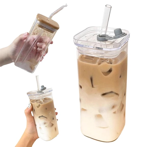 Glass Cups with Lids and Straws,400ML Drinking Glasses Coffee Cups,Glass Tumbler Reusable for Ice Water,Juice,Tea,Milk,Smoothie,Cold Hot Drinks