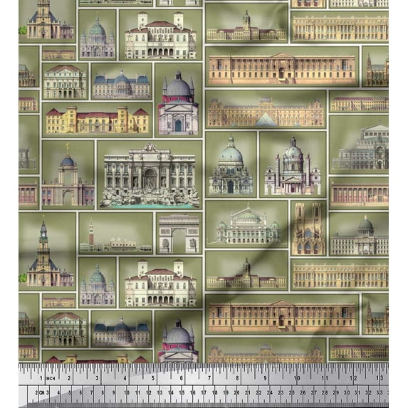 Soimoi Rayon Fabric Monuments Patchwork Fabric Prints by Yard 42 Inch Wide