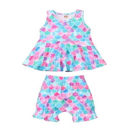 

Baby Girls Outfit Sets Clothes Short Sleeve Fish Scales Print T Shirt Top Shorts Casual 2Pcs Outfits Set