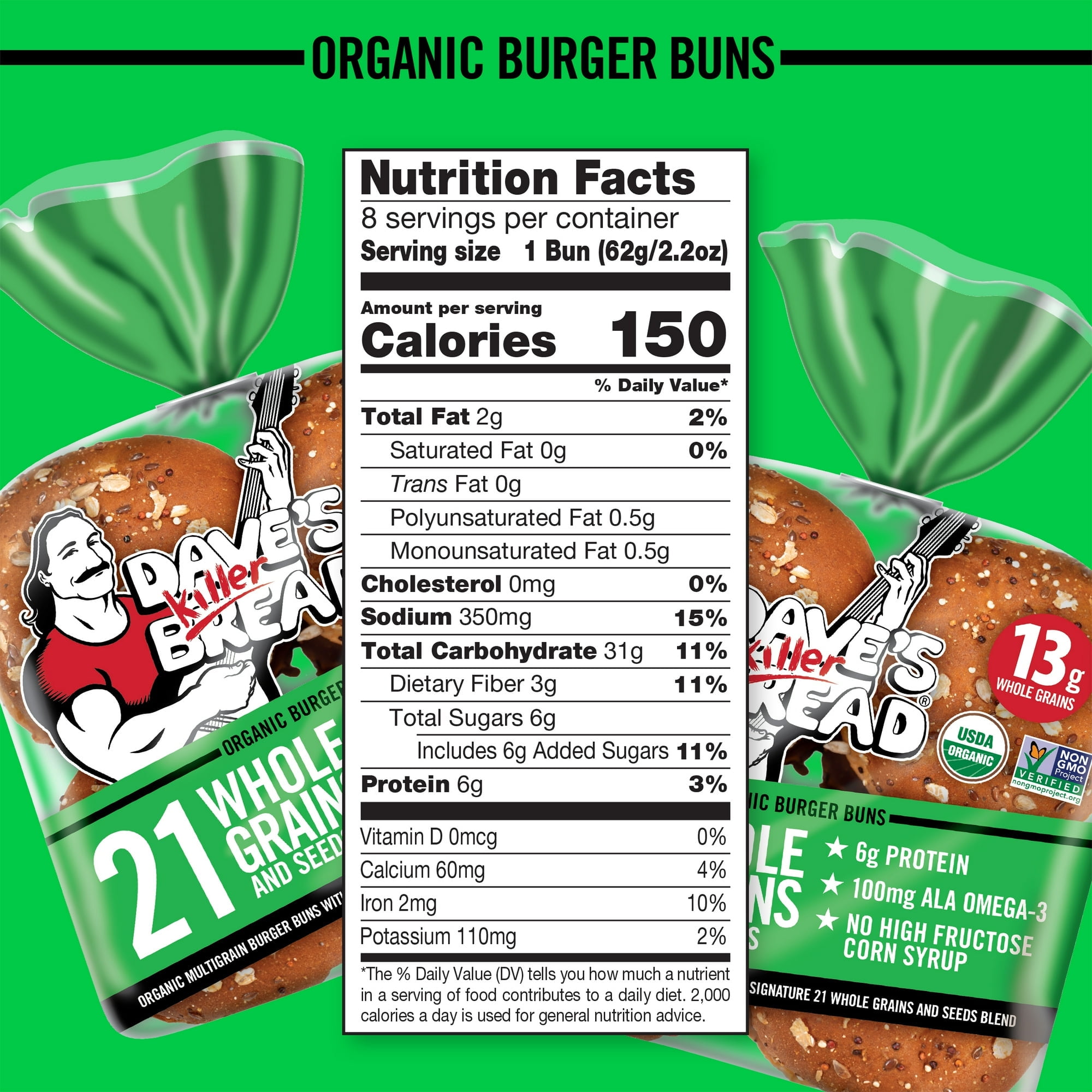 Dave's Killer Bread 21 Whole Grains and Seeds Organic Hamburger Buns, 8 Count, Shelf-Stable