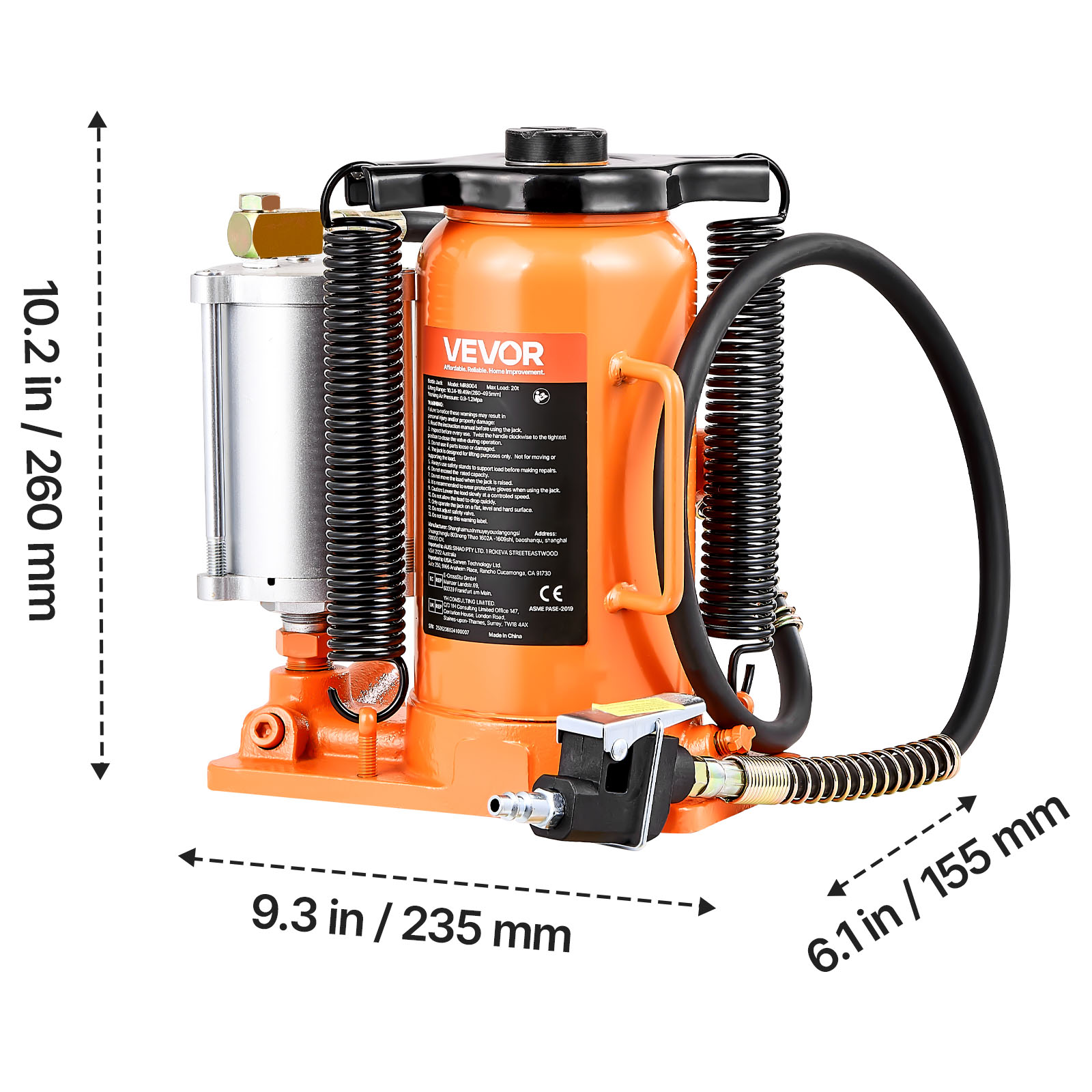 VEVOR Air Hydraulic Bottle Jack, 20 Ton (44092 lbs) Capacity, 10.2-19.5 Inch Lifting Range, Pneumatic/Manual Heavy Duty Welded Bottle Jack with Pump