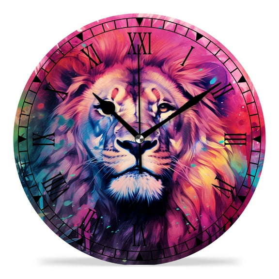 erolrail Rustic Wall Clock,Silent Non Ticking Wall Clocks for Living Room,Bedroom,Kitchen 12IN Colorful Lion Watercolor Image