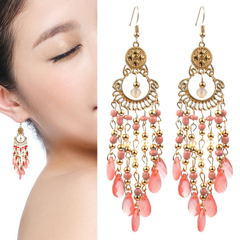 Jiaroswwei 1 Pair Drop Earrings High-end Hollow Out Beads Bohemia Style  Tassel Women Hook Earrings Dating Jewelry