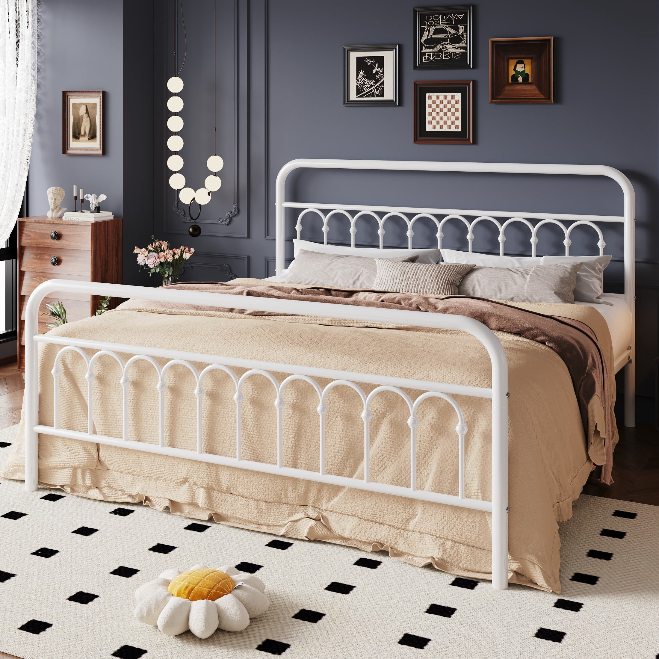 SHA CERLIN King Size Metal Platform Bed Frame with Headboard and Footboard, Iron Arch Finish, No Box Spring Needed, White