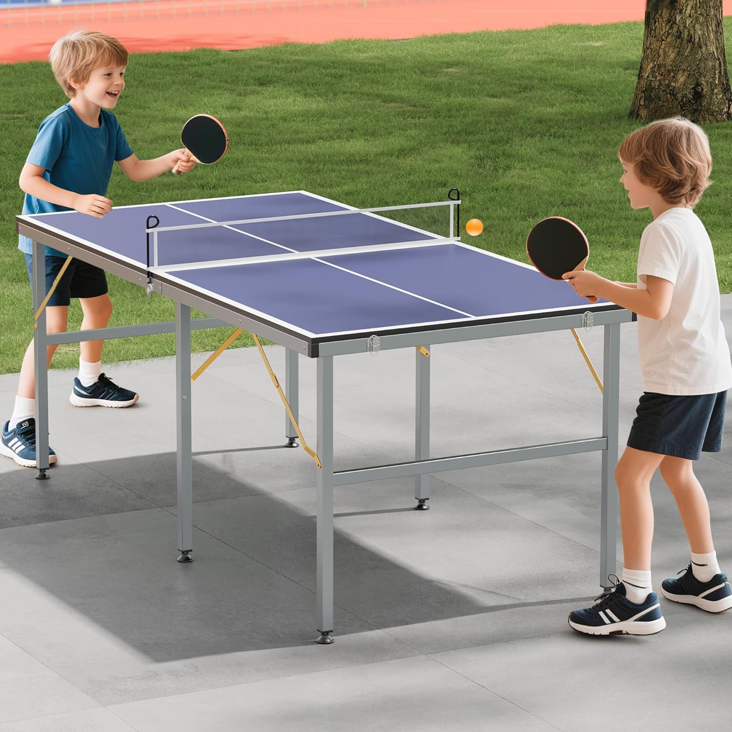 Riedhoff Portable Table Tennis Table, Ultra-Compact Design with Net, 2 Paddles & 3 Balls, 72 x 36", Blue