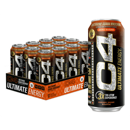 C4 Ultimate Energy Drink, WWE Nectarine Guava Knockout Flavor, Zero Sugar, Carbonated, 16 fl oz Can, 12 pack
