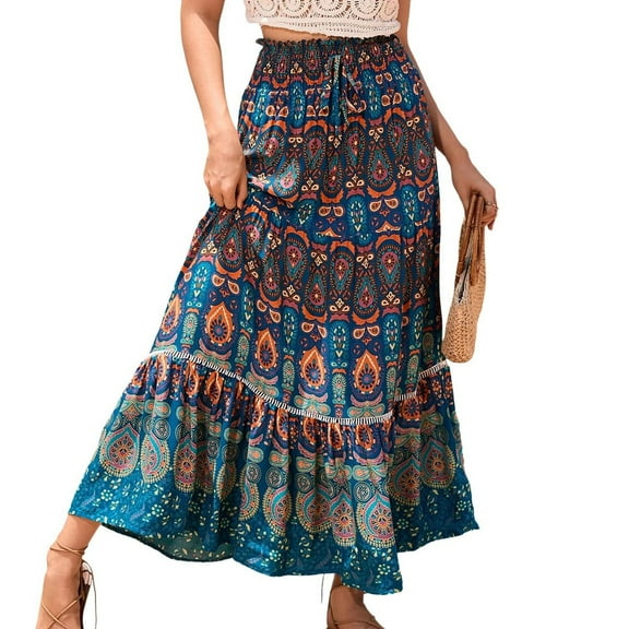 SWSMCLT Women's Long Skirt Pleated Ruffle Gypsy Spring Stretch Pull On Flowy Elastic Fashion High Waisted Beach Peacock Blue Small