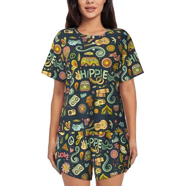 Balery Colorful Hippie Conjunto de Pijama para Mujer con Estampado, Dos Piezas de Manga Corta y Shorts, Ropa de Dormir Suave con Cuello Redondo y Bolsillos-3X-Large