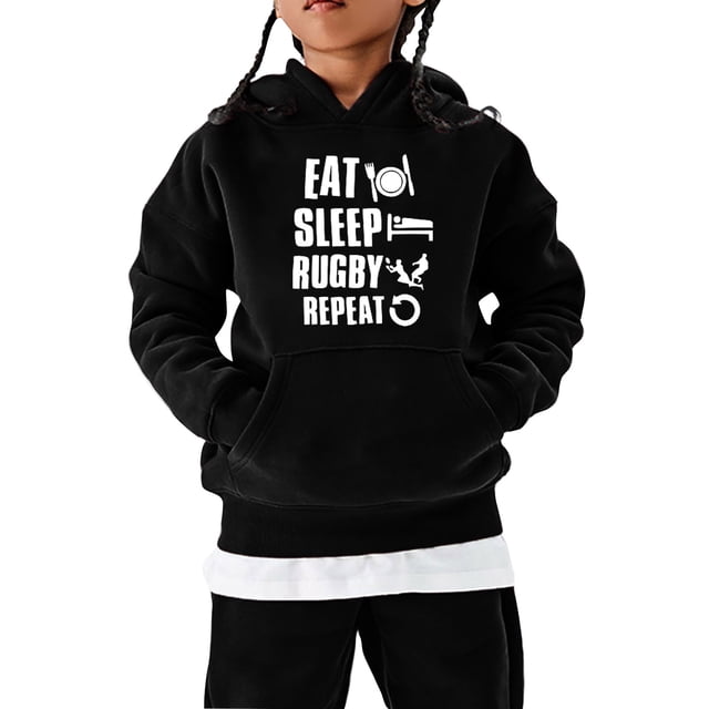 MEZZALL Chandail en Molleton Décontracté Football à Capuche Vintage Printemps Sports Rétro Enfants Garçons Filles Pull Rugby Tendance pour Tout-Petits, Noir, 13-14 Ans