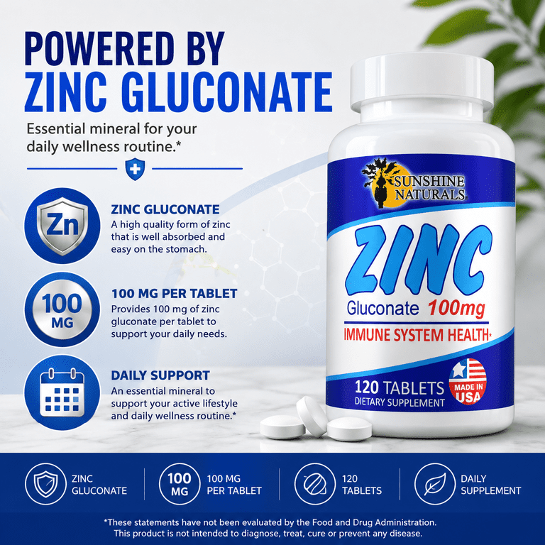 Sunshine Naturals Zinc Gluconate 100mg, 120 Tablets photo 3