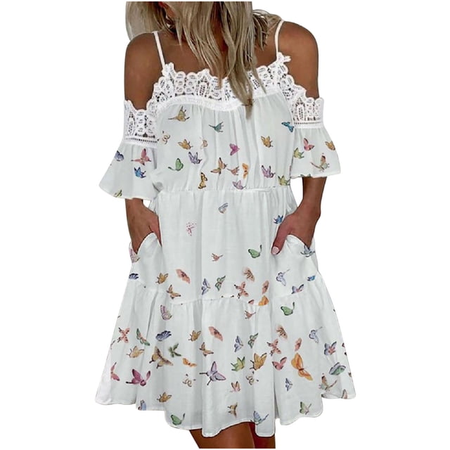 Vestido de sol para mujer Vestido con paneles de encaje y hombros descubiertos Vestido midi de línea A Vestido de mujer Pompotops ghjkhdj4750