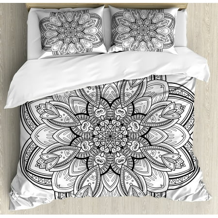 Black And White Duvet Set Henna Duvet Cover Set, Mandala Design in Black and White Ethnic Inspirations Doodle Amulet Style Monochrome, Decorative Bedding Set with Pillow Shams, Black White, by Ambesonne ()