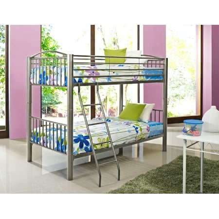 Kalmia Heavy Metal Twin Over Twin Convertible Bunk Bed with Built-In Ladder  Pewter