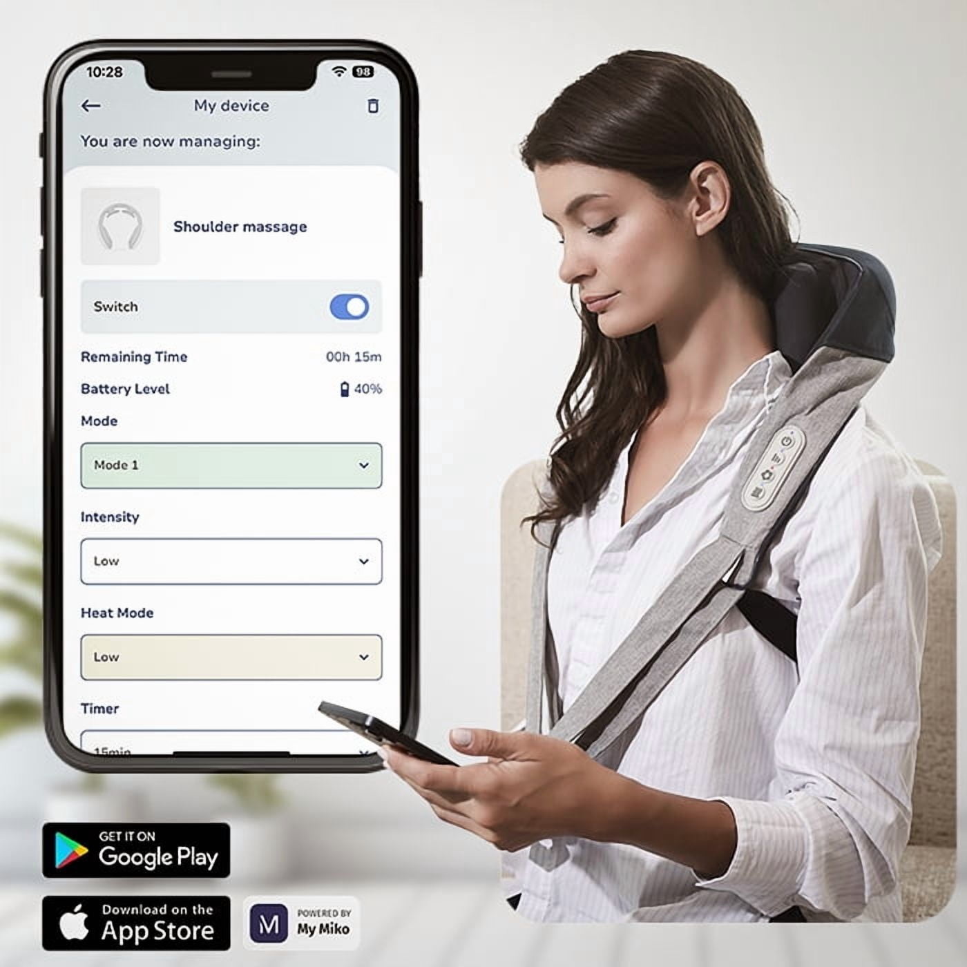Miko Shiatsu Neck and Back Massager with Heat, Hands-Free and App Controlled