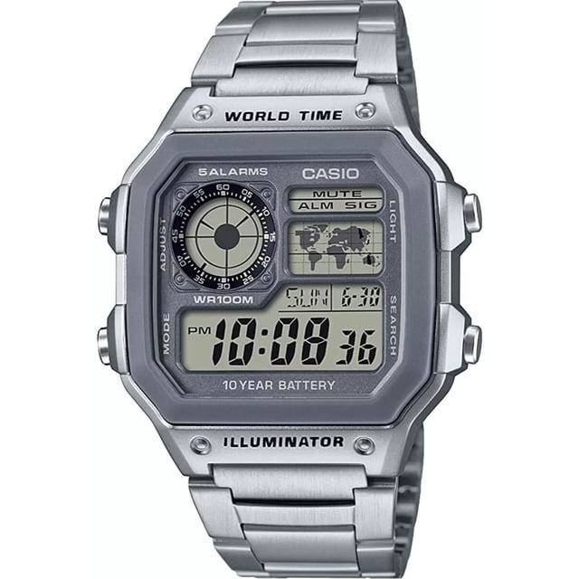 Reloj Casio Ae1200 Metal Mapa Mundial Full Correa Plateado Bisel Plateado Fondo Gris