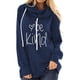 thumbnail image 1 of Sudadera con capucha y estampado de letras para mujer, transpirable, de manga larga, con cordón ajustable, en azul oscuro, talla XL, 1 of 5