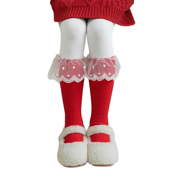 Ugoldhm Girls Red Boot Socks, Breathable Lace Calf Under Knee Socks for Everyday (Ages 3-10)