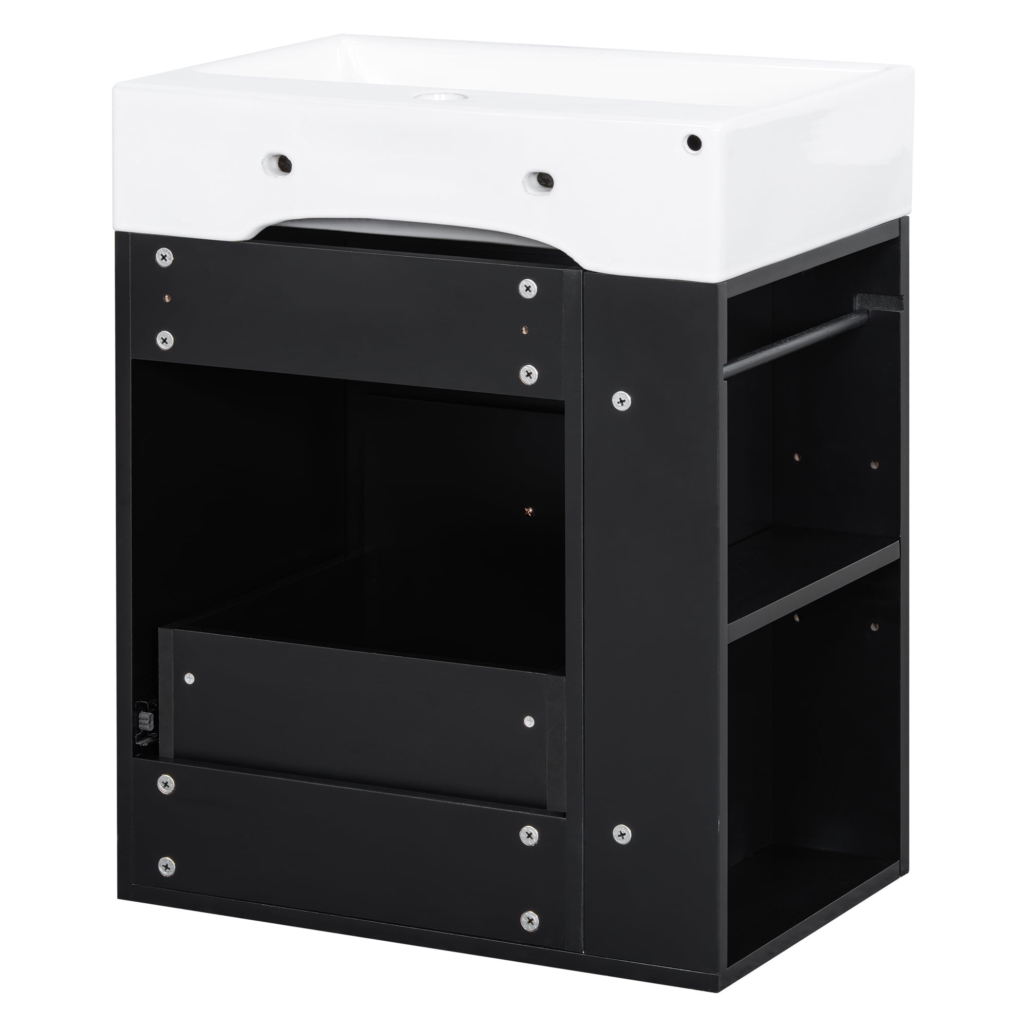Aukfa 20"Wall-Mounted Bathroom Vanity with Ceramic Sink, Space-Saving Floating Bathroom Vanity,Large Drawer, Side Storage Shelf,Black