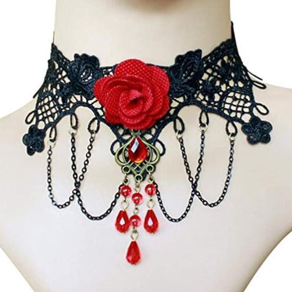 Choker Necklace for Women Gothic Black Lace Necklace Halloween Steampunk Costume Party Punk Vintage Flower Rose Beads Lolita Victorian Choker Pendant Vampire Collar