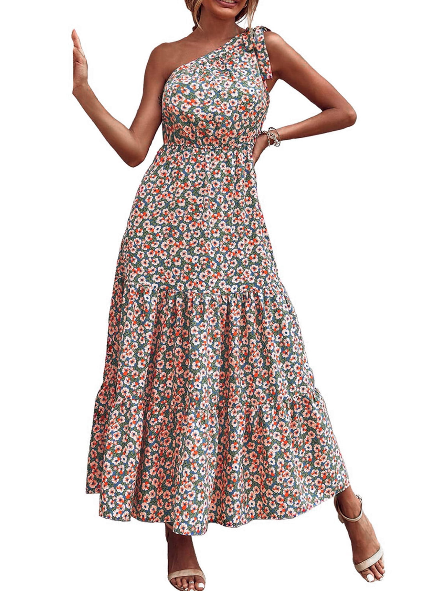 Huakaishijie Women One Shoulder Sleeveless Sun Dress Boho Floral