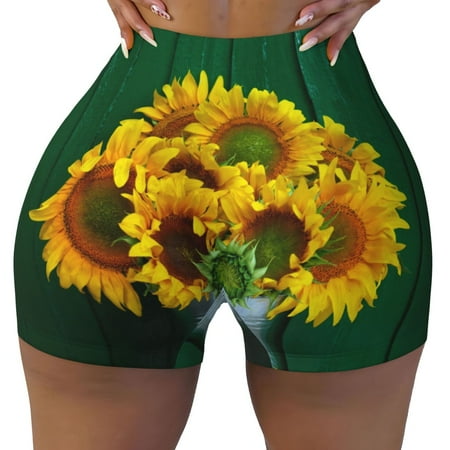 Workout Shorts Women  Sunflowers in Bucket Biker Shorts for Women Running Gym Spandex Shorts Tummy Control