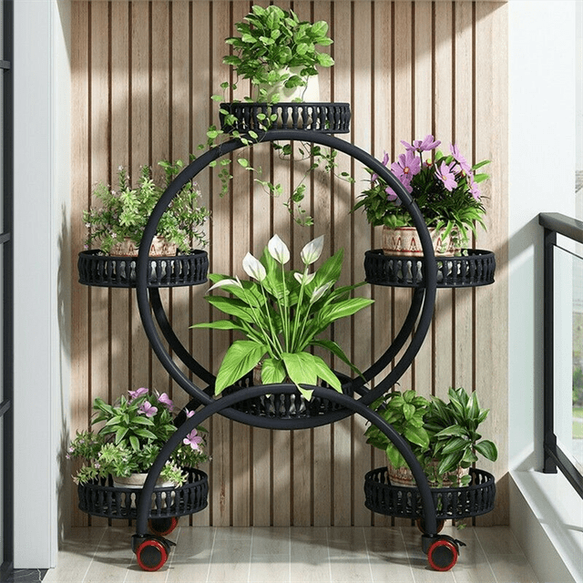 UNHO Metal Plant Stand 6-Potted Rolling 4 Tiers Trolley Dispaly Shelf Pot Planter Holder Rack