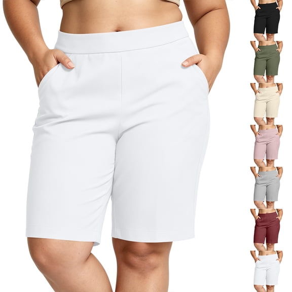 Zpzdpjkx Women's Plus Size Solid Bermuda Shorts with Pockets High Waist Stretch Knee‑Length Casual Yoga Hiking Shorts