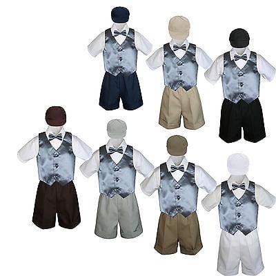 

5pc Set Boy Toddler Formal Dark Gray Vest Bow Tie Black Khaki Hat Shorts sz S-4T