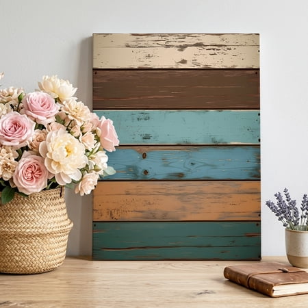 Canvas Wall Art Farmhouse Blue Teal Brown Framed Canvas Prints for Living Room Bedroom Vintage Ombre Wooden Gallery Wrapped Wall Decor for Home Office Gifts 12 x16 Ship Next Day