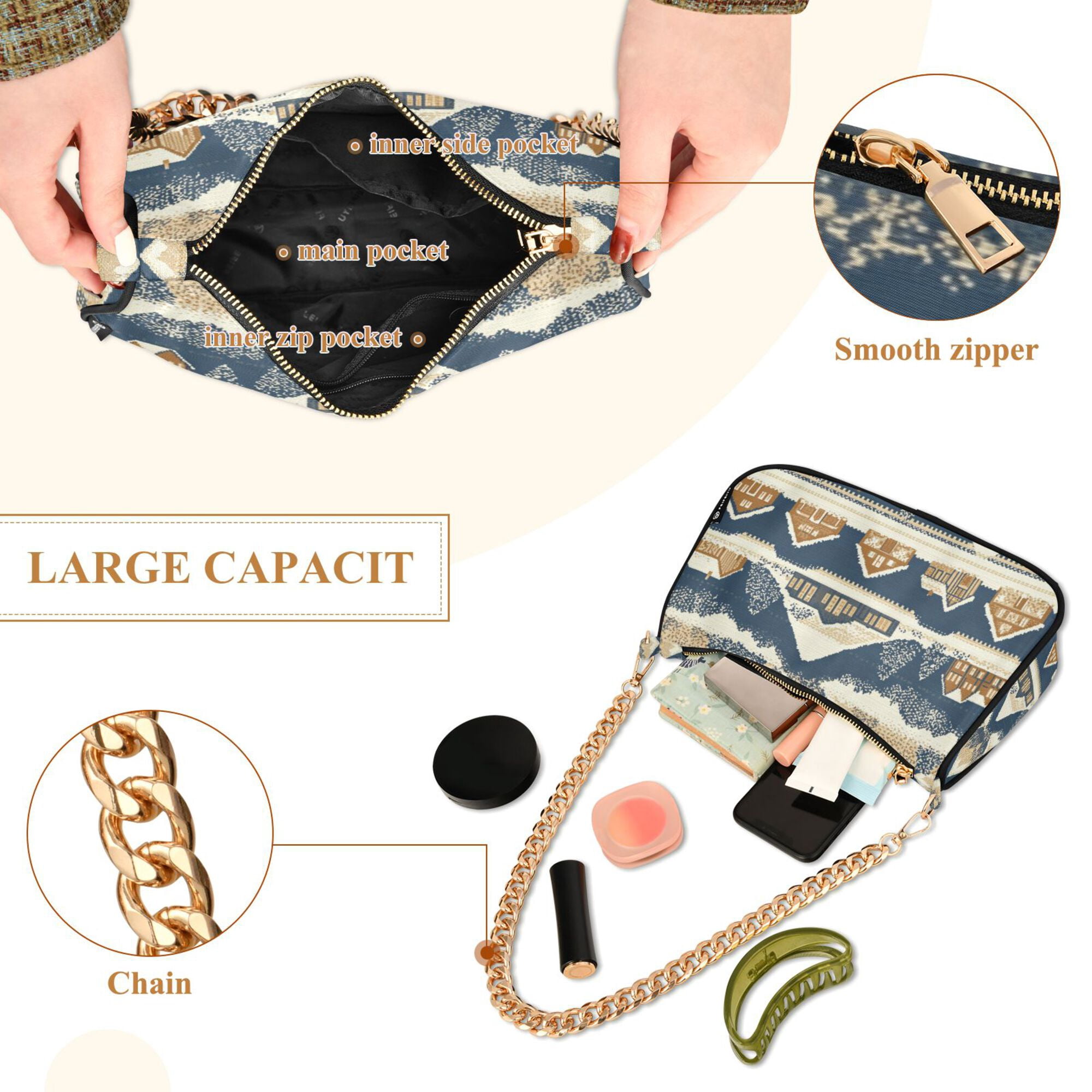 FORMRS Womens Shoulder Bag with Chain Strap Clutch Purse Cute Tote Handbag, Winter Village