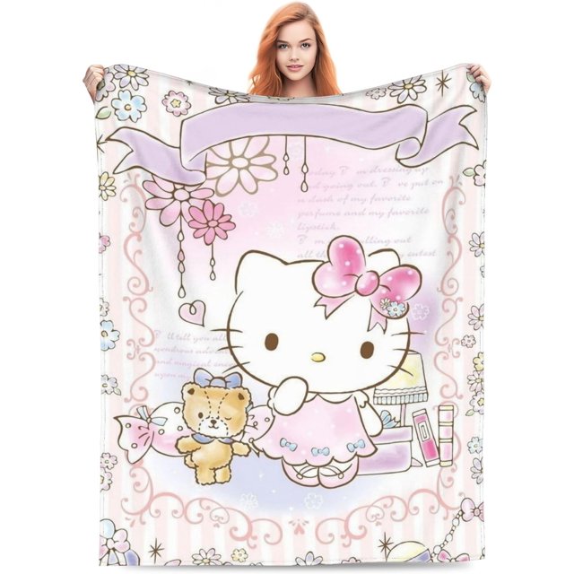 Manta personalizada con estampado de Hello Kitty, venta al por mayor, manta polar gruesa y cálida, decoración para sofá y hogar, tiro de franela