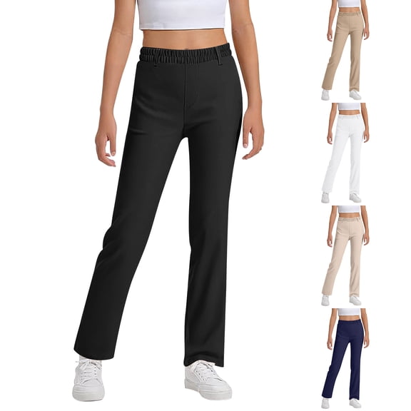 ibiyuan Girls Uniform Pants Size 7 Girls Flare Leggings Boys Chino Pants High Waist Bell Bottoms for Kids Yoga Dance Pants with Pockets,Black