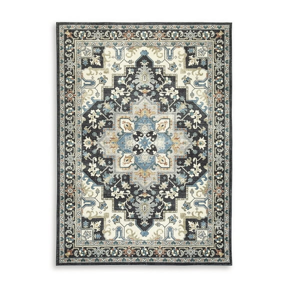 Signature Design by Ashley Leningston Traditional Washable Area Rug, 8' x 10', Medallion Pattern Black/Blue/Cream